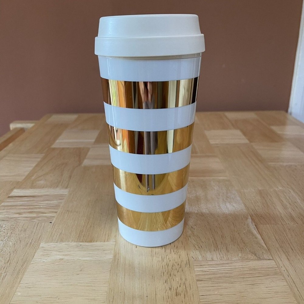 Kate Spade New York Thermal Travel Coffee Mug Tumbler 16 Ounces Gold Stripe - Picture 3 of 9